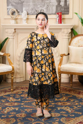 Black & Mustard Floral Maxi – Chic Party Wear for Girl