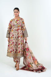 3Pc Embroidered Print Cotton Stitched Long Frock