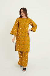 Cotton Summer Mustard Sequin Embroidery Suit For Women