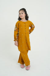 Cotton Summer Mustard Color Embroidery Front Button Suit For Girls