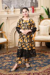 Black & Mustard Floral Maxi – Chic Party Wear for Girl
