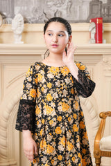 Black & Mustard Floral Maxi – Chic Party Wear for Girl