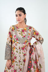 3Pc Embroidered Print Cotton Stitched Long Frock