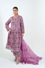 3Pc Embroidered Print Cotton Stitched Long Frock